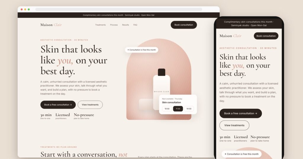 Aesthetic consultation funnel and coaching mini website concept designs