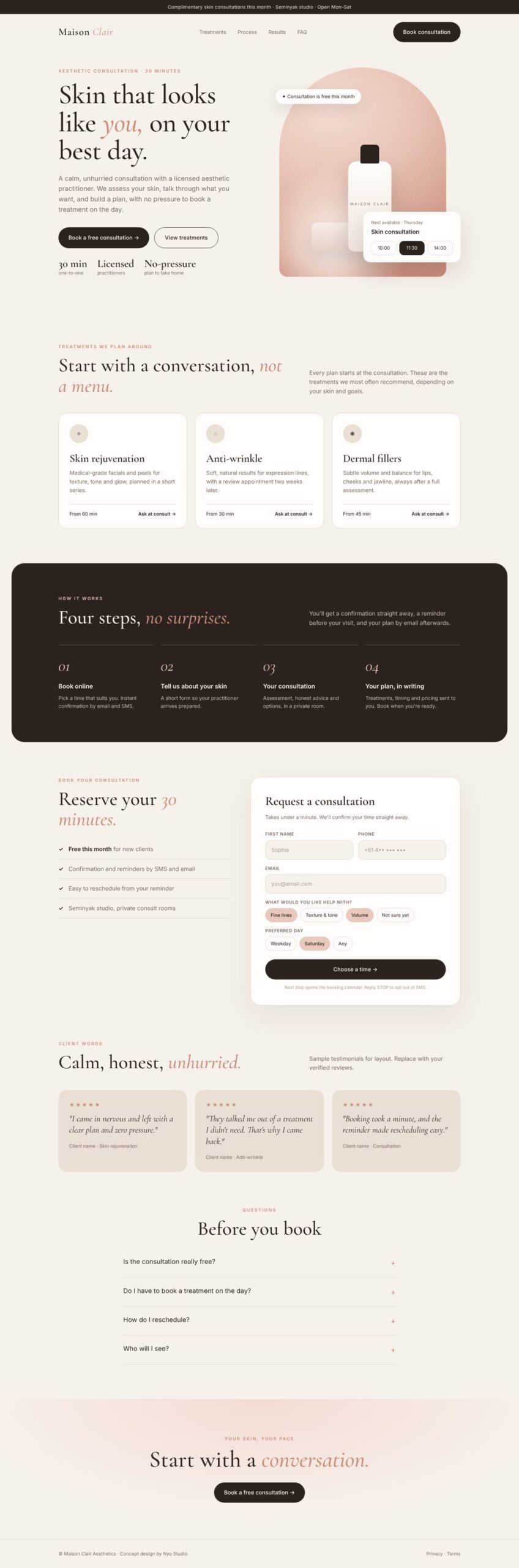 Aesthetic consultation page desktop