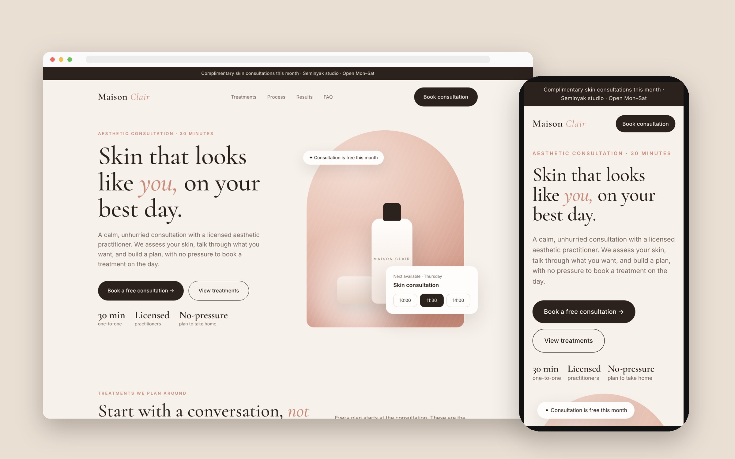 Aesthetic consultation funnel on desktop and mobile