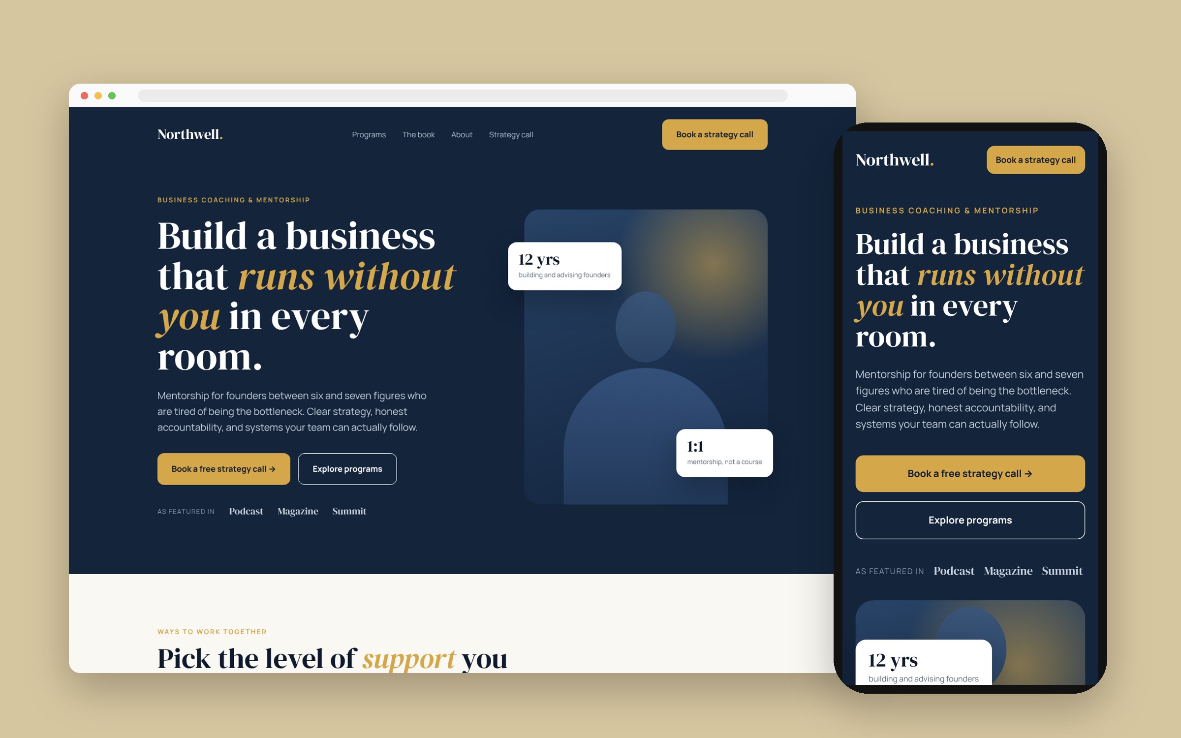 Business coaching mini website on desktop and mobile